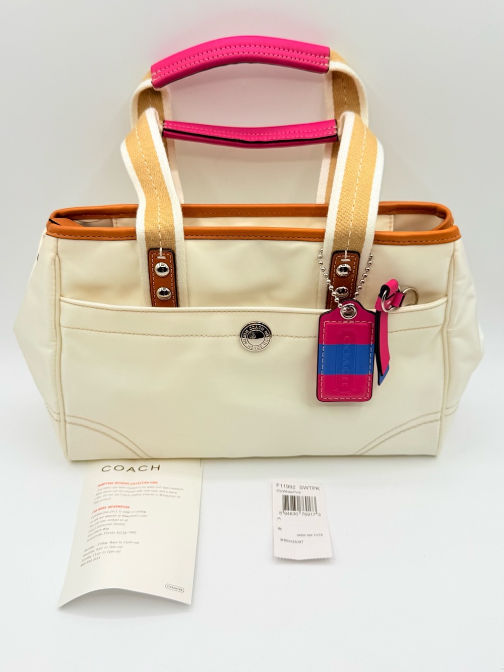 Coach Hampton Weekend Small Tote F11992 White Pink Nylon Satchel Handbag
